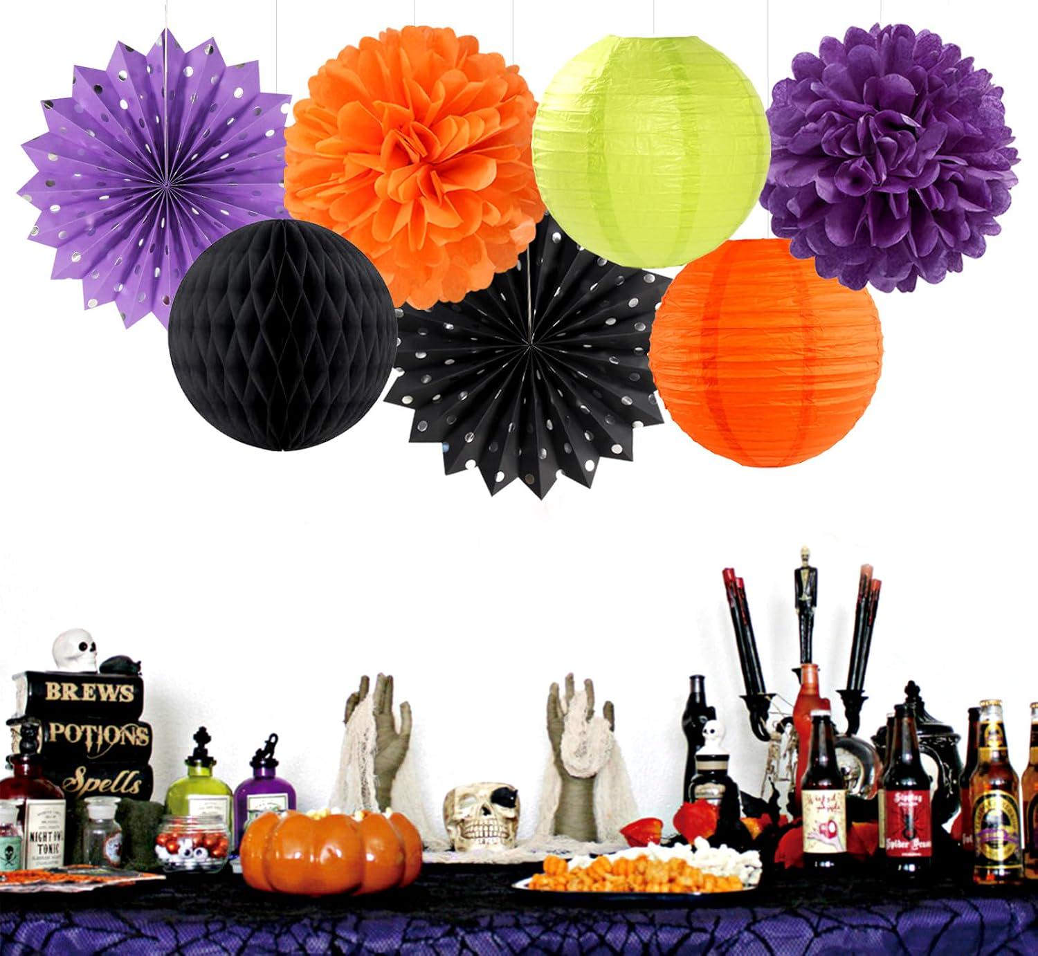 14pc Black Orange Purple Green Halloween Party Decorations Kit Lanterns Fans Honeycomb Balls}}