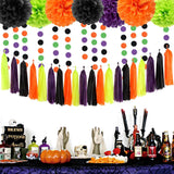 30pc Halloween Party Decorations, Tissue Pom Poms, Tassel Garland, Banner (Black, Purple, Orange, Green)