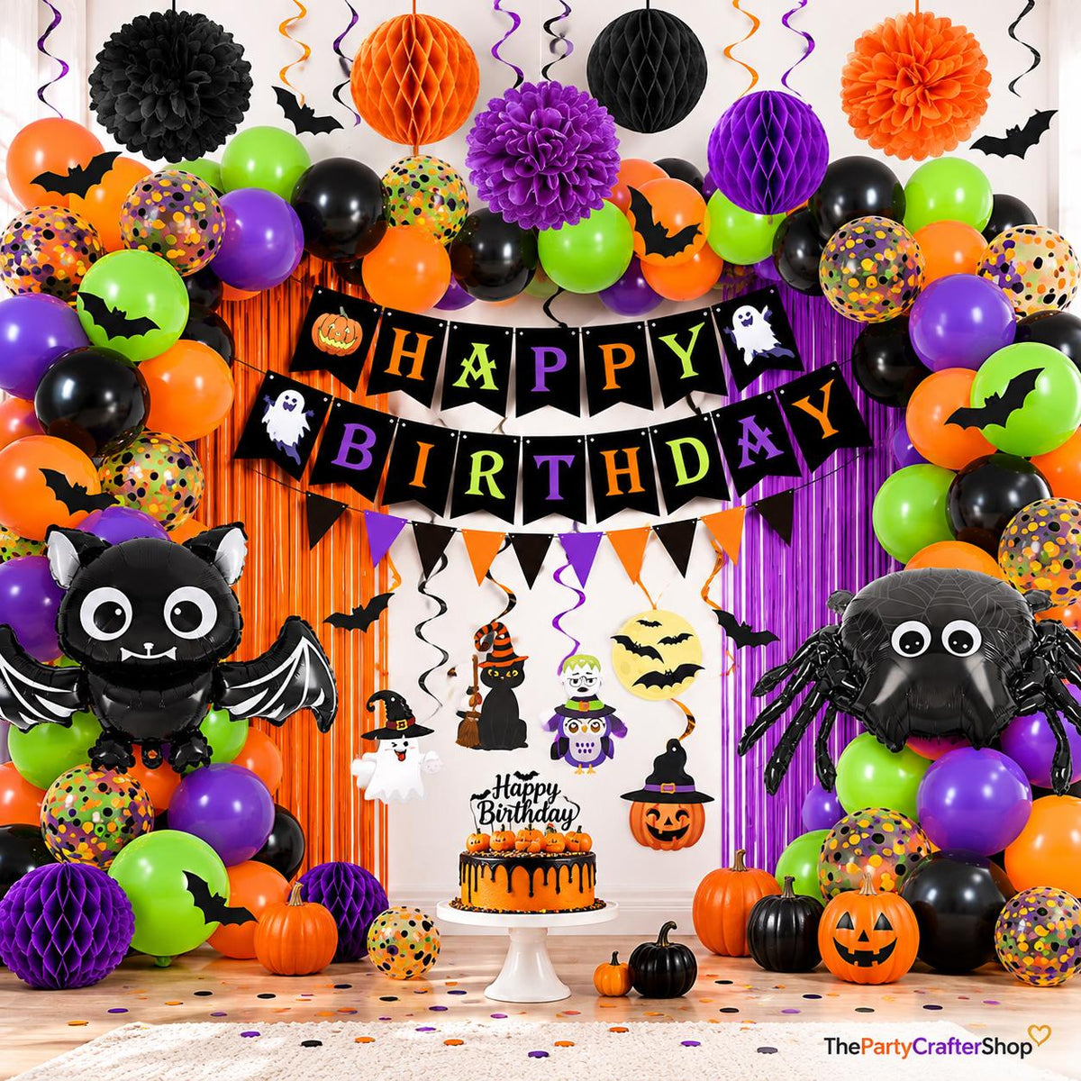Halloween Birthday Party Decorations, Spider Bat Balloons, Pom Poms, Fringe Curtains (96pcs)
