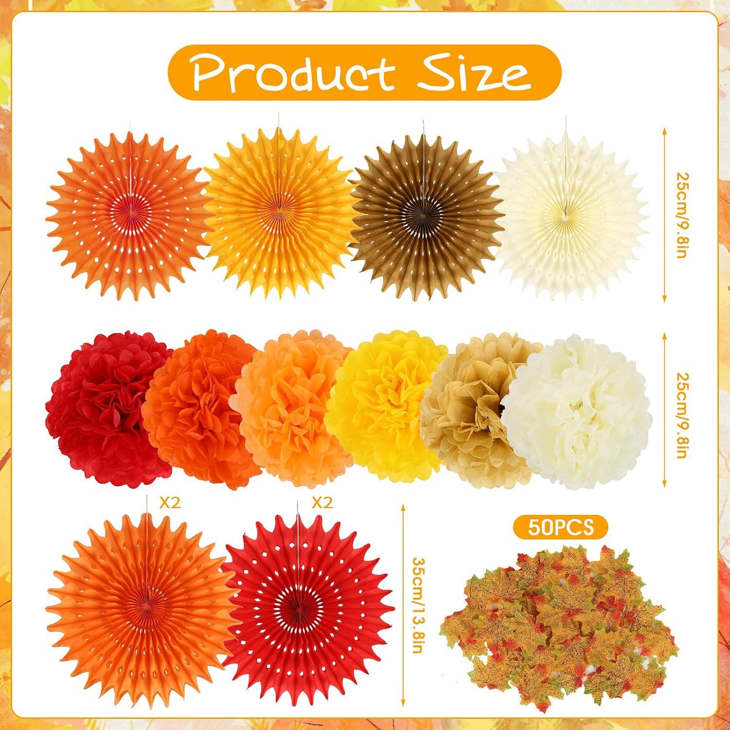Orange Red Fall Party Decorations, Paper Pom Poms, Fans, Leaves (Thanksgiving Halloween)