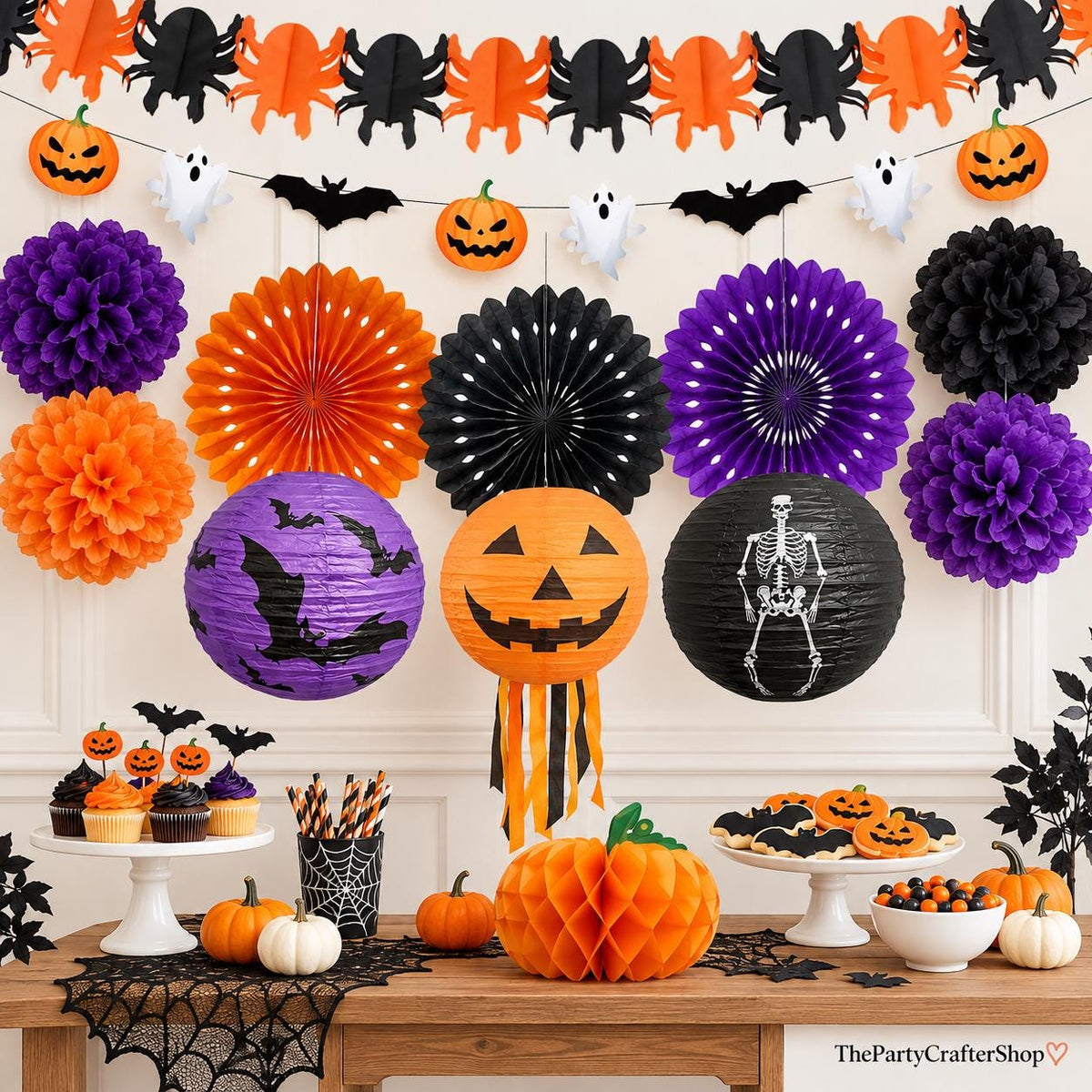 12-Piece Halloween Party Decor Kit, Pom Poms, Lanterns, Banners (DIY Assembly)