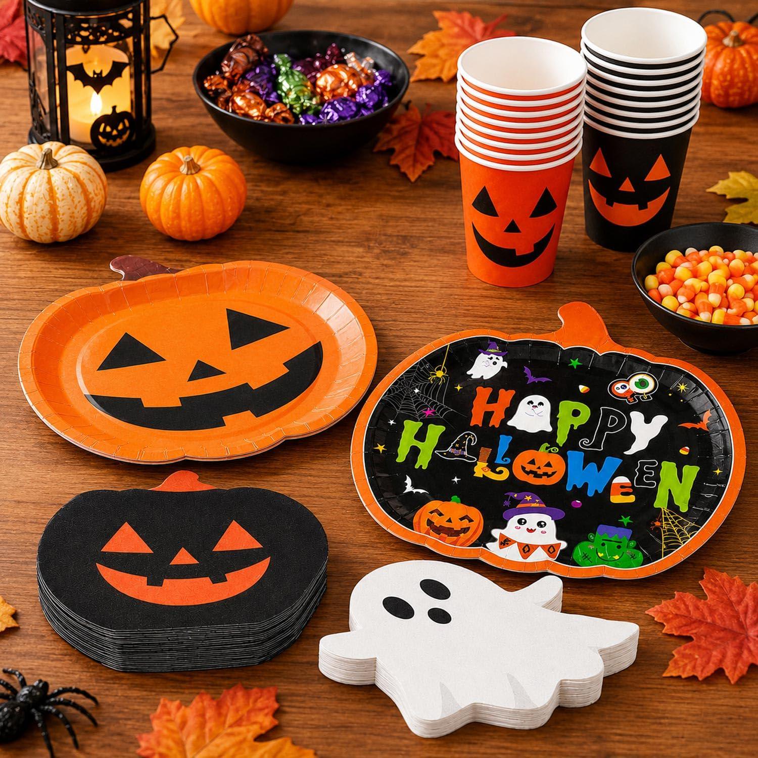 Halloween Party Supplies Set, Pumpkin Plates, Ghost Napkins, Serves 24