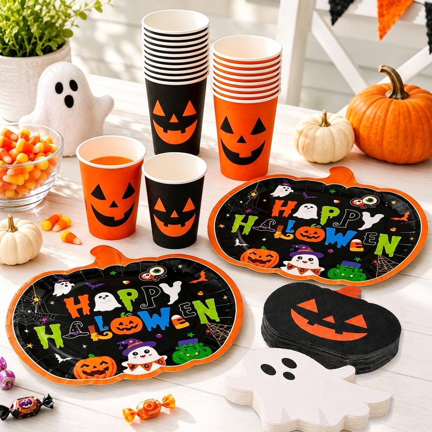 Halloween Party Supplies Set, Pumpkin Plates, Ghost Napkins, Serves 24