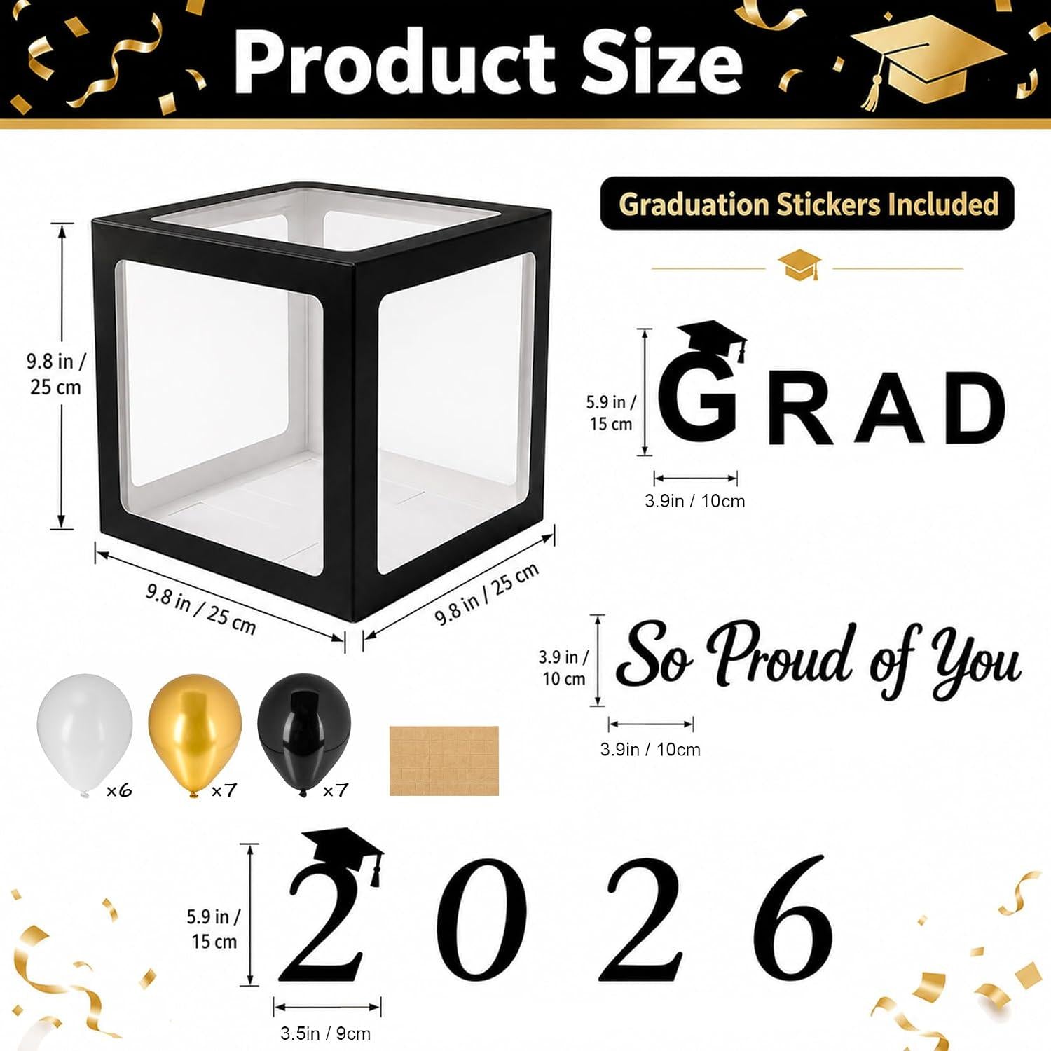 2026 Graduation Balloon Boxes, Black White Gold Party Decor (4 Boxes)