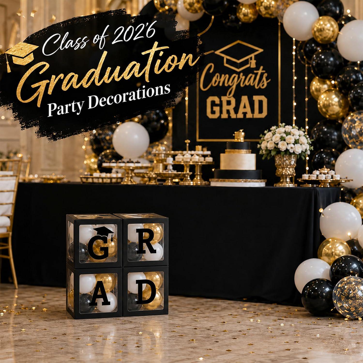 2026 Graduation Balloon Boxes, Black White Gold Party Decor (4 Boxes)