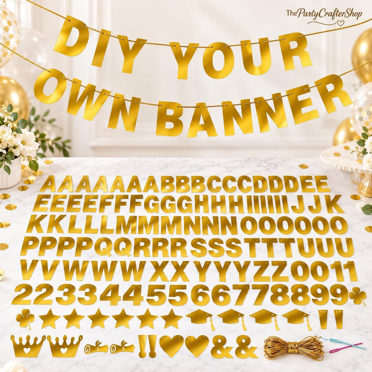 131-Piece Gold Glitter Banner Kit, DIY Party Decor (59ft Ribbon)