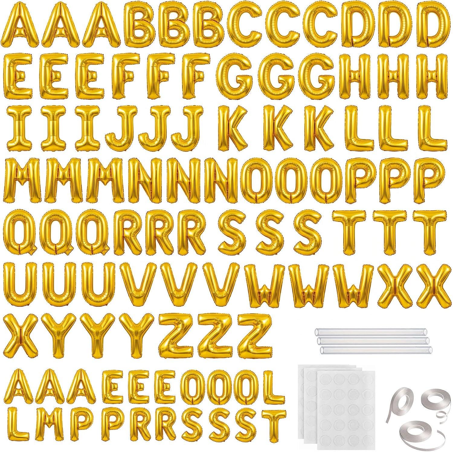 98 Piece Gold Letter Balloon Set, Metallic Foil Alphabet with Ribbons and Straws