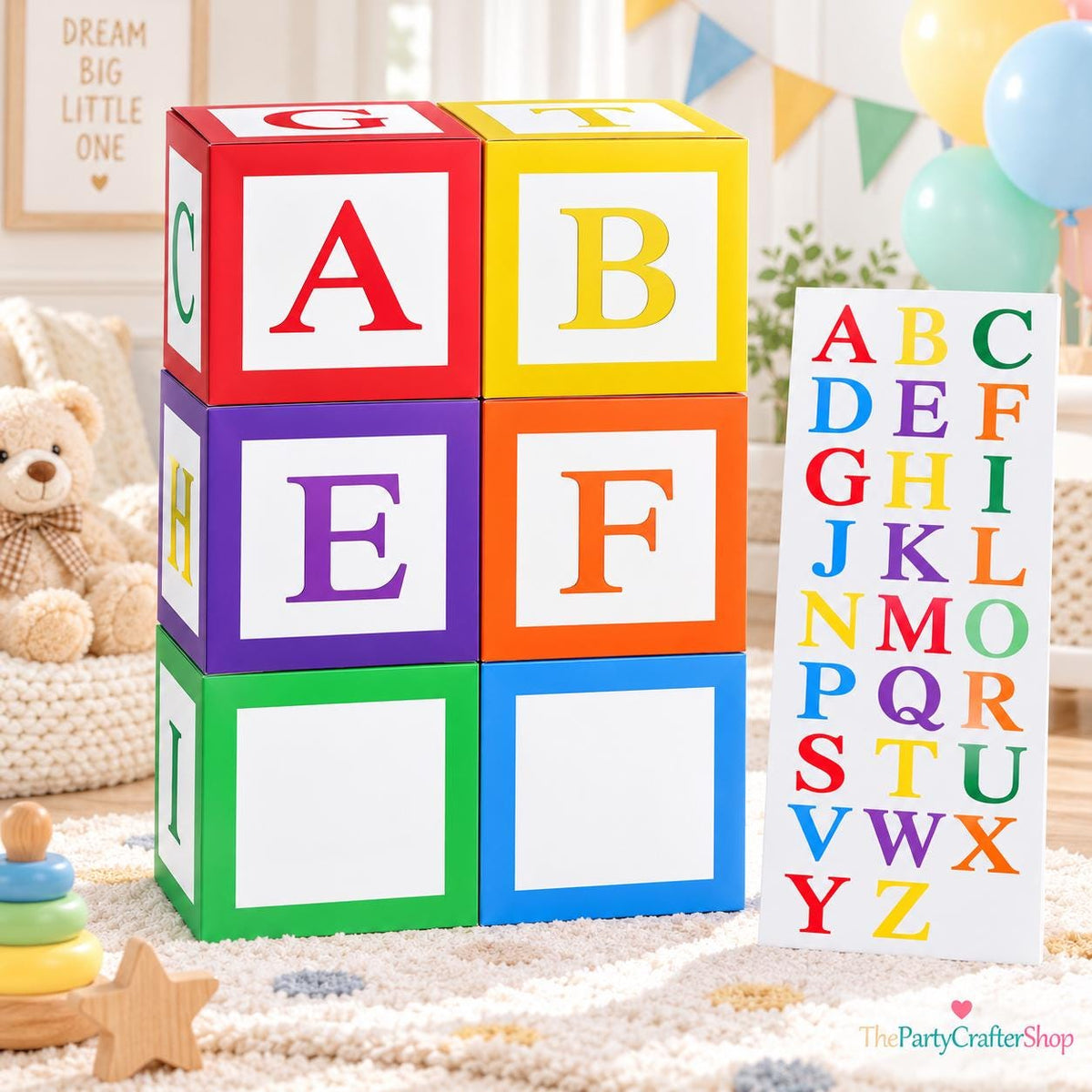 6 Balloon Boxes Set, 52 Letter Cutouts, Cardboard Party Display