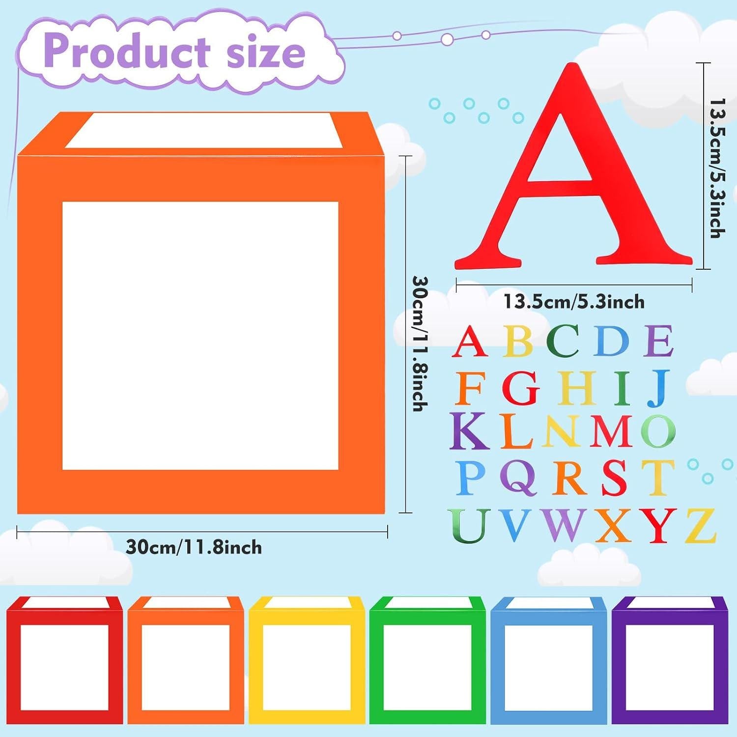 6 Balloon Boxes Set, 52 Letter Cutouts, Cardboard Party Display