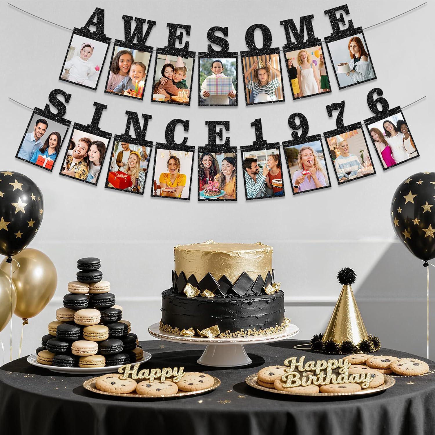 Pre-Strung Photo Banner: 50th Birthday, Black Glitter Cardstock, Indoor Outdoor