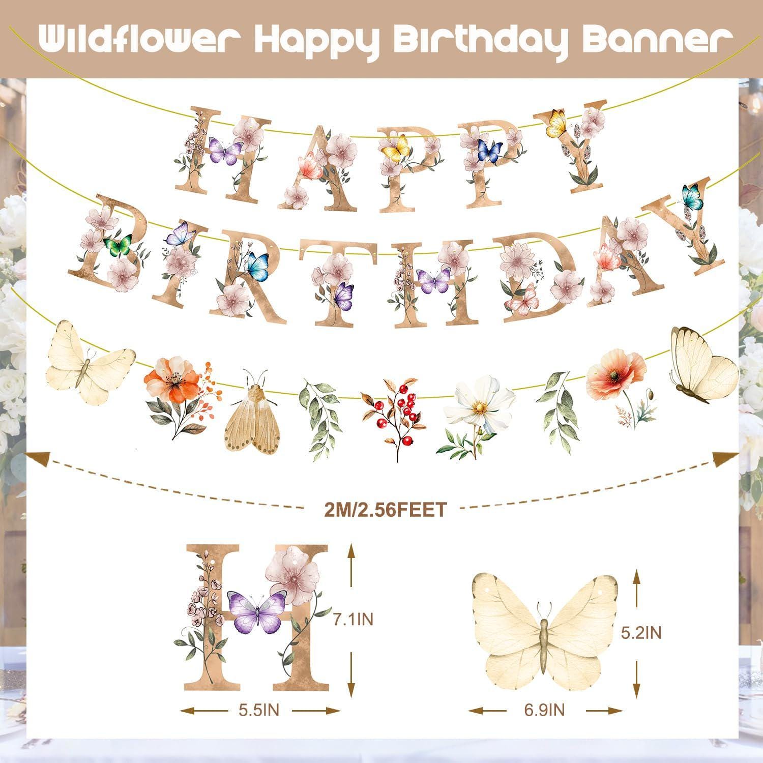 Floral Party Backdrop: Wildflower Happy Birthday Banner with Butterfly Accents (2.56 Feet)