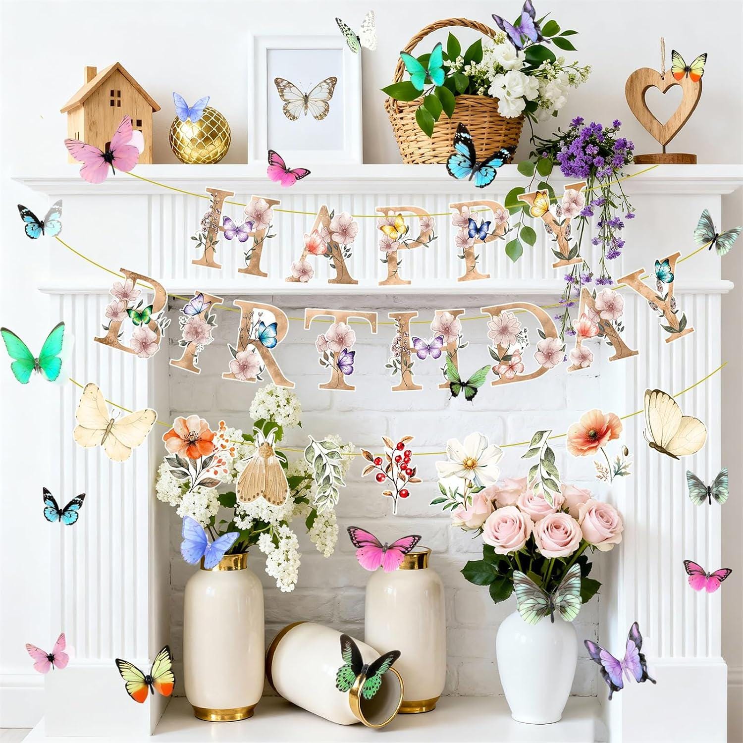 Floral Party Backdrop: Wildflower Happy Birthday Banner with Butterfly Accents (2.56 Feet)