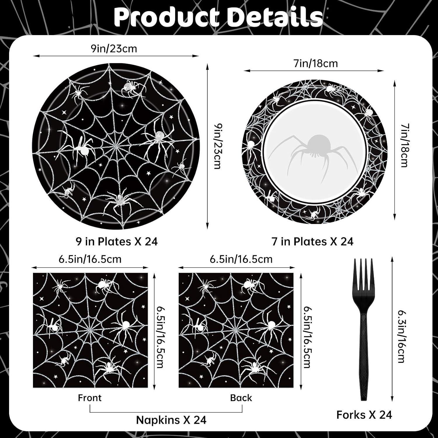 Spooky Halloween Table Setting: 96-Piece Disposable Partyware, Black Spider Web Design, Thick Paper