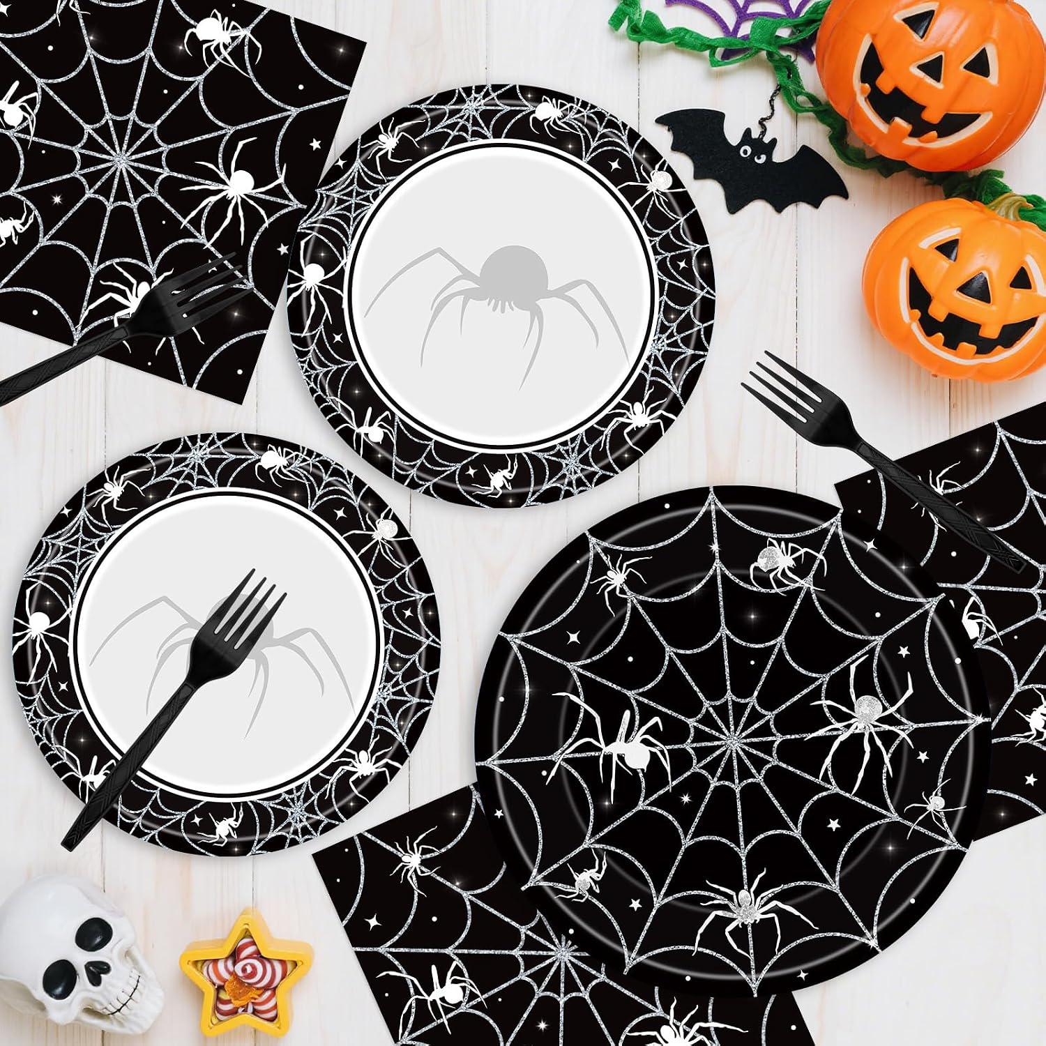 Spooky Halloween Table Setting: 96-Piece Disposable Partyware, Black Spider Web Design, Thick Paper