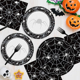 Spooky Halloween Table Setting: 96-Piece Disposable Partyware, Black Spider Web Design, Thick Paper