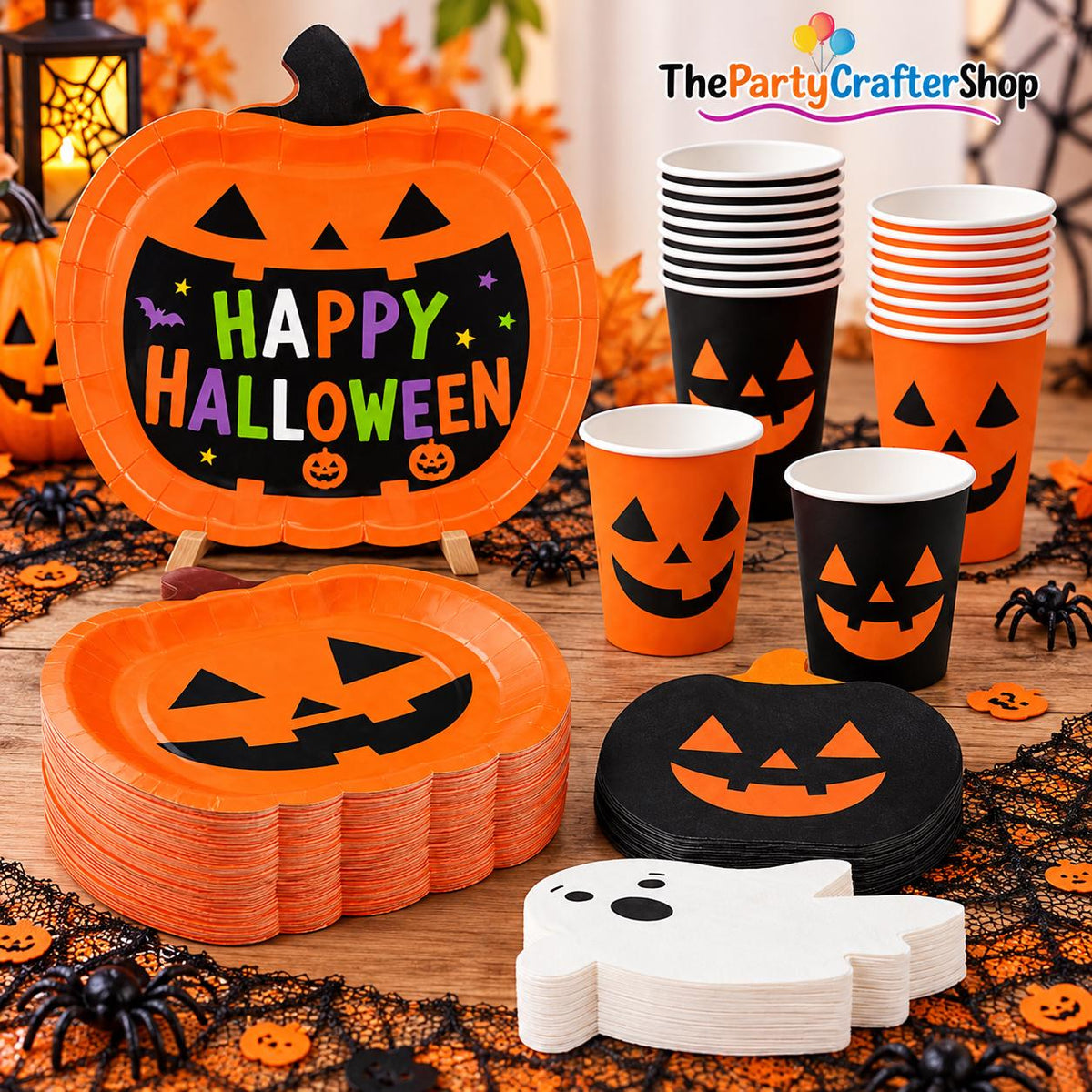 Halloween Party Supplies: 24 Pumpkin Plates, 24 Cups, 12 Ghost Napkins (Paper)