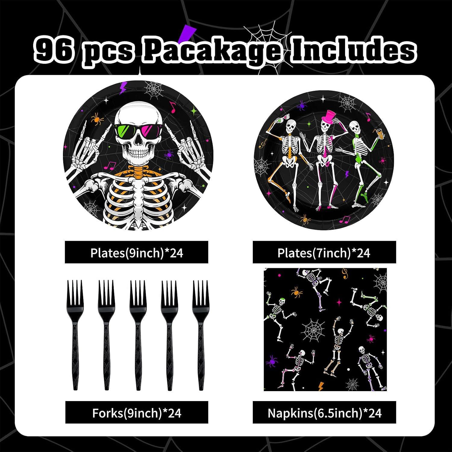 96-Piece Halloween Partyware Set, Dancing Skeleton Paper Plates Napkins Forks