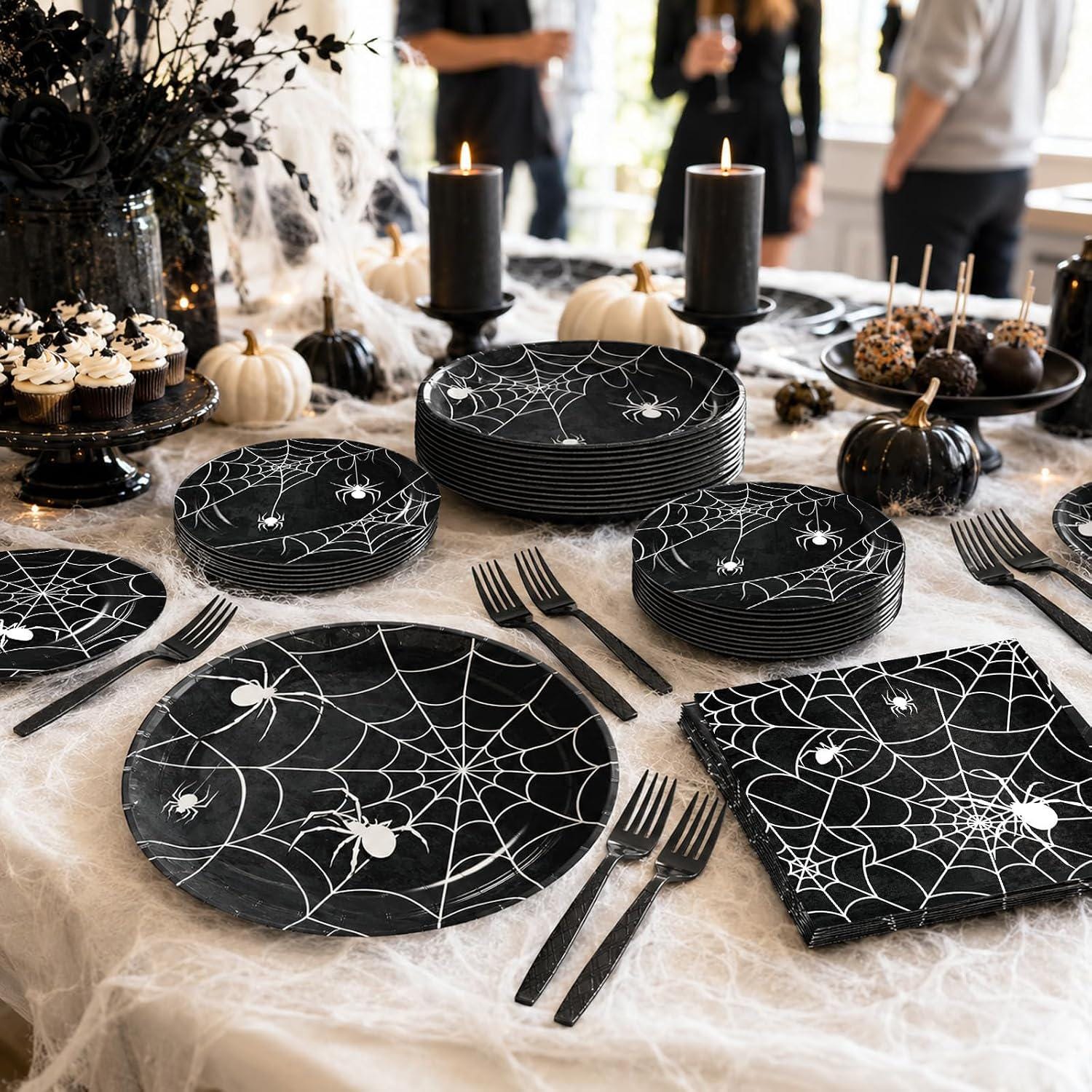 100 Piece Disposable Spider Web Partyware Set, Black Paper Plates Napkins Forks