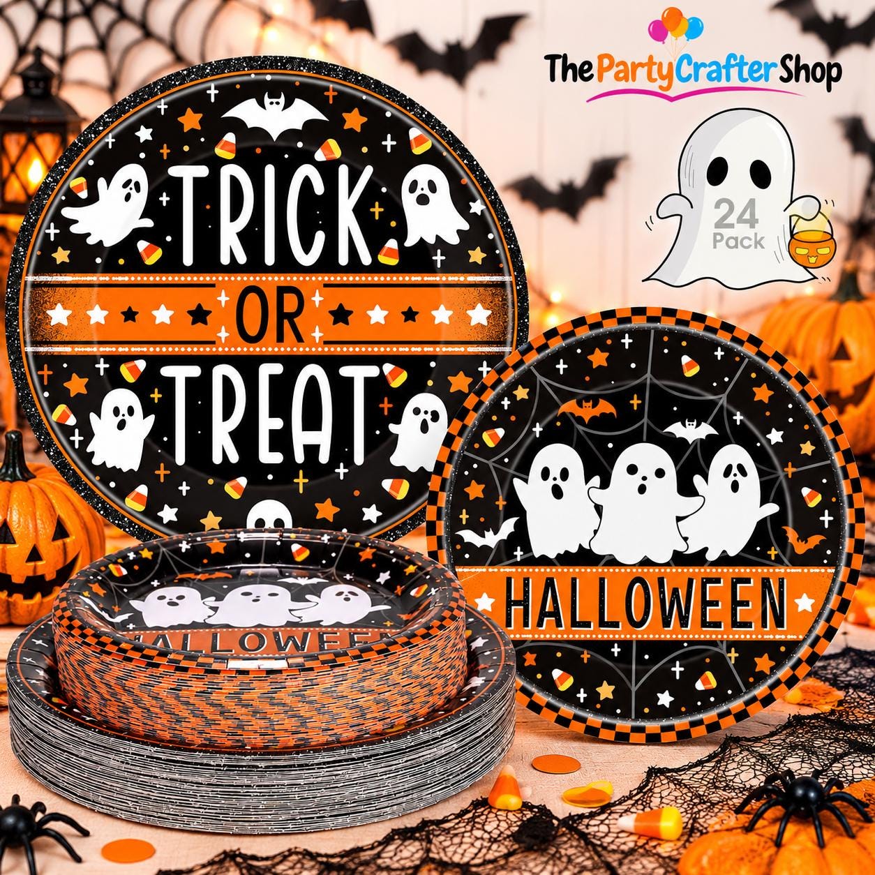 Trick or Treat Halloween Plates: 24-Pack Thick Paper, Ghosts Bats Spiders Webs