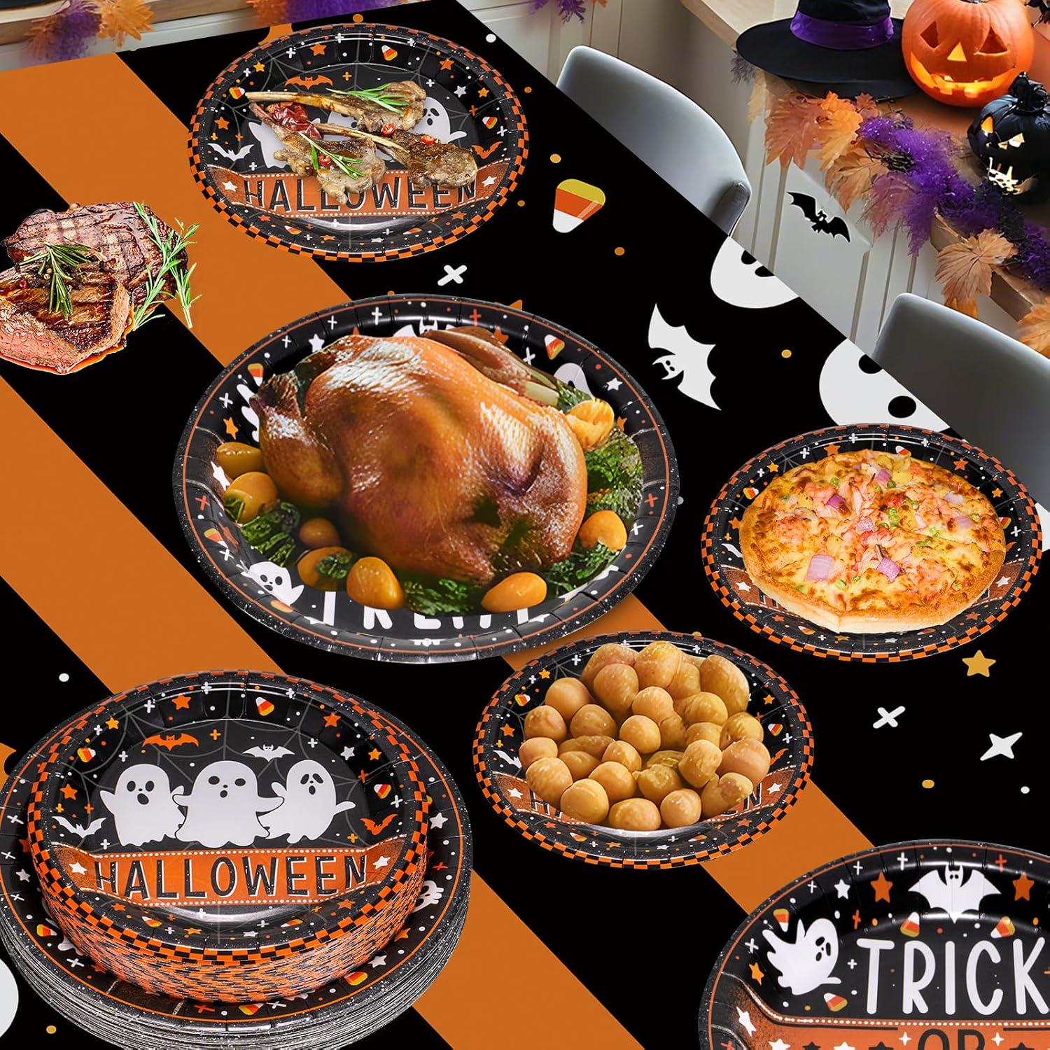 Trick or Treat Halloween Plates: 24-Pack Thick Paper, Ghosts Bats Spiders Webs