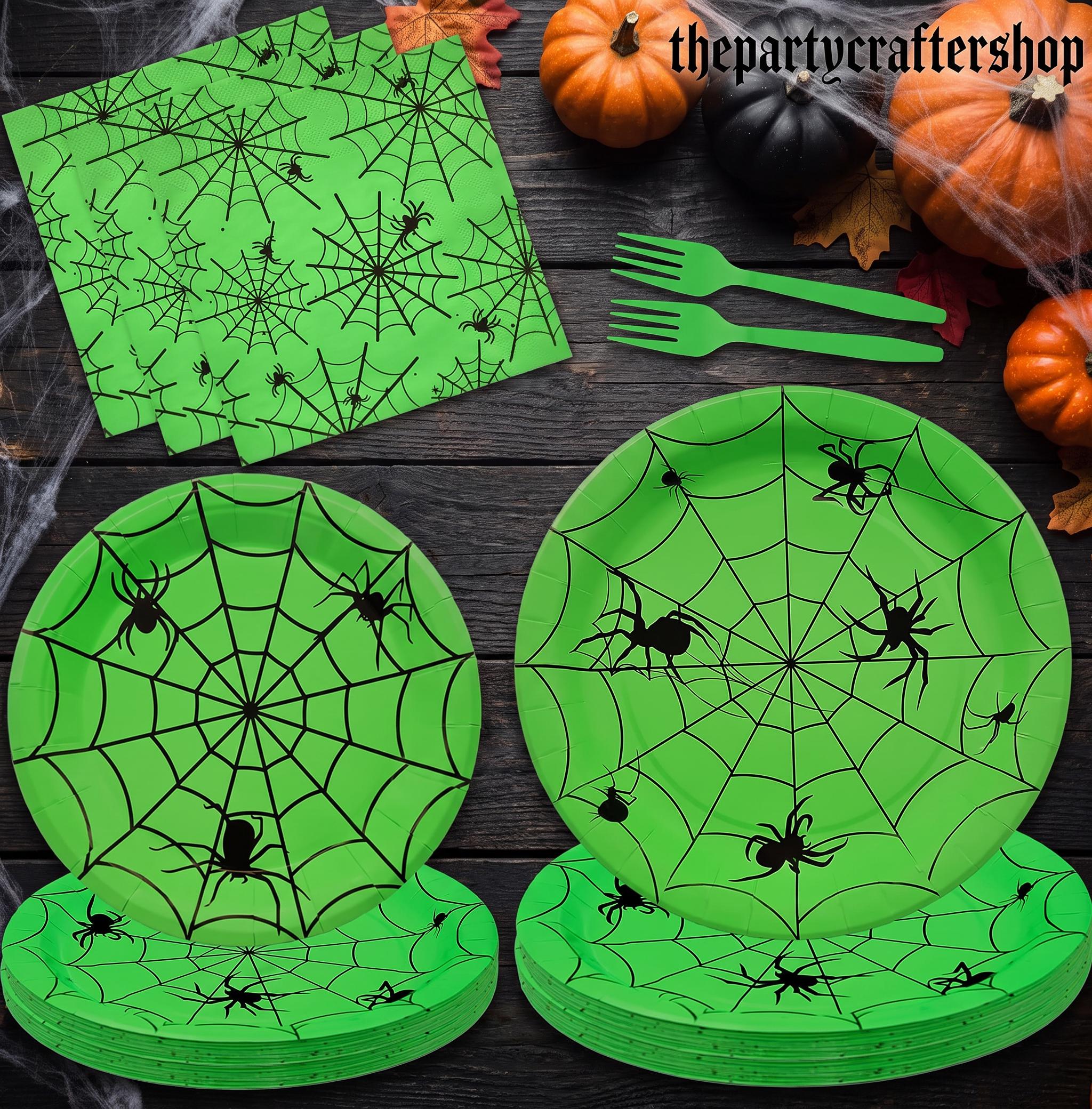 Disposable Halloween Party Set: 24 Guests, Green Spider Web Plates, Napkins, Forks