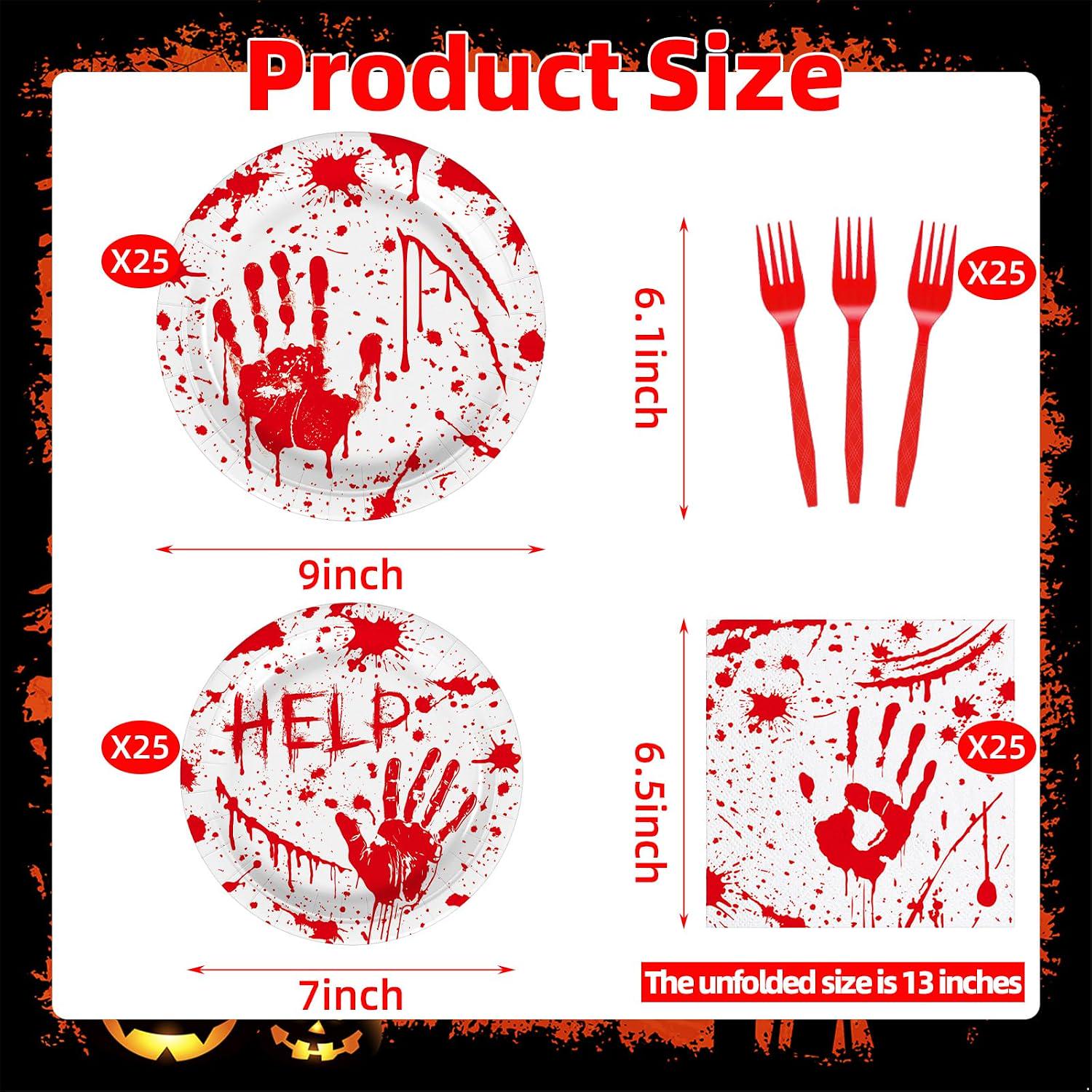 Halloween Party Supplies: Bloody Handprint Dinner Plates, Red Plastic Forks, 100-Piece Disposable Tableware Set