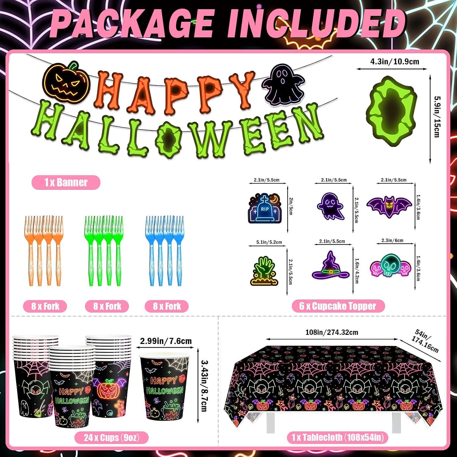 Halloween Party Set: 24 Guest Tableware with Banner, Plates, Cups, Forks, Napkins, Tablecloth