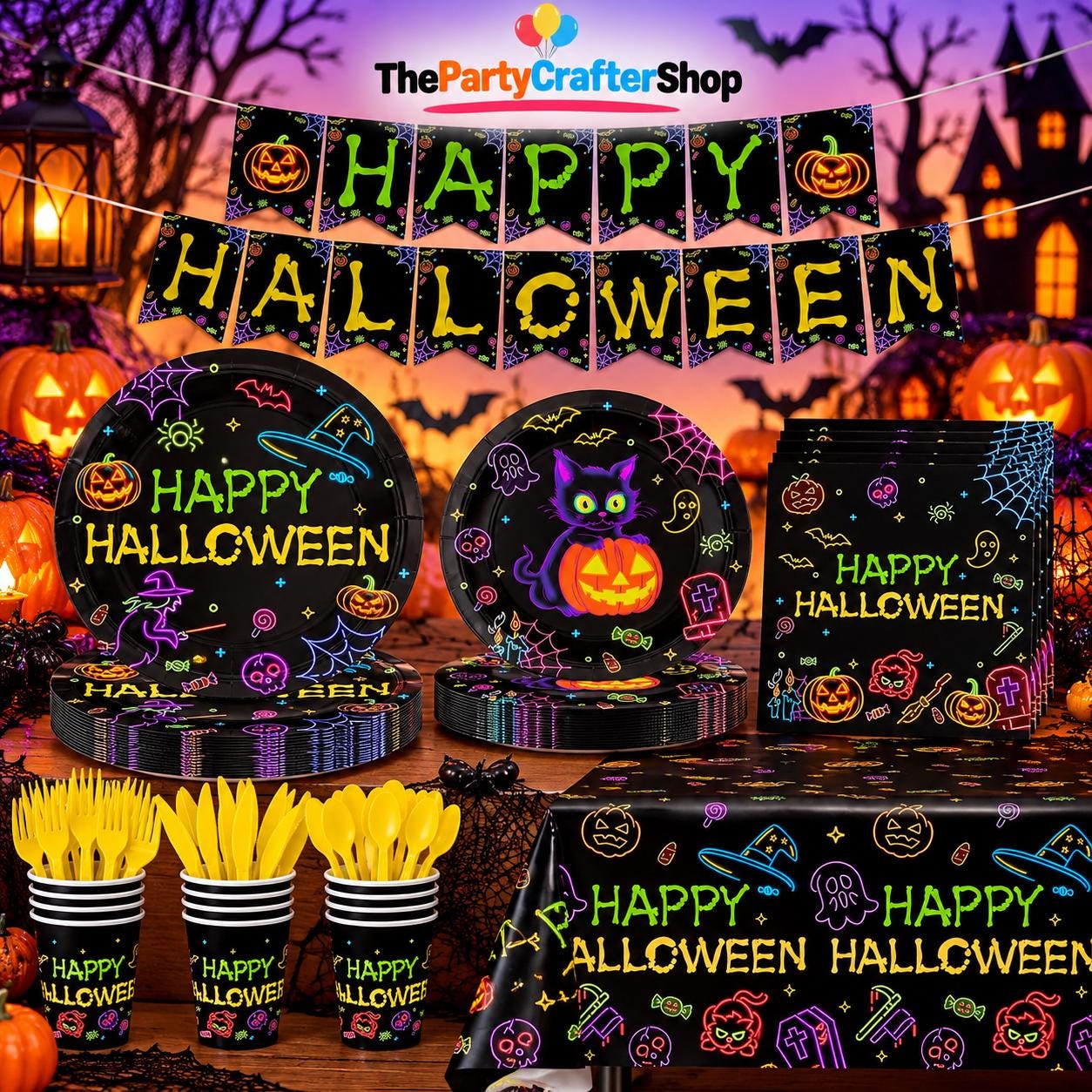Halloween Party Set: Neon Plates, 24 Napkins, Forks, Banner