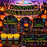 Halloween Party Set: Neon Plates, 24 Napkins, Forks, Banner
