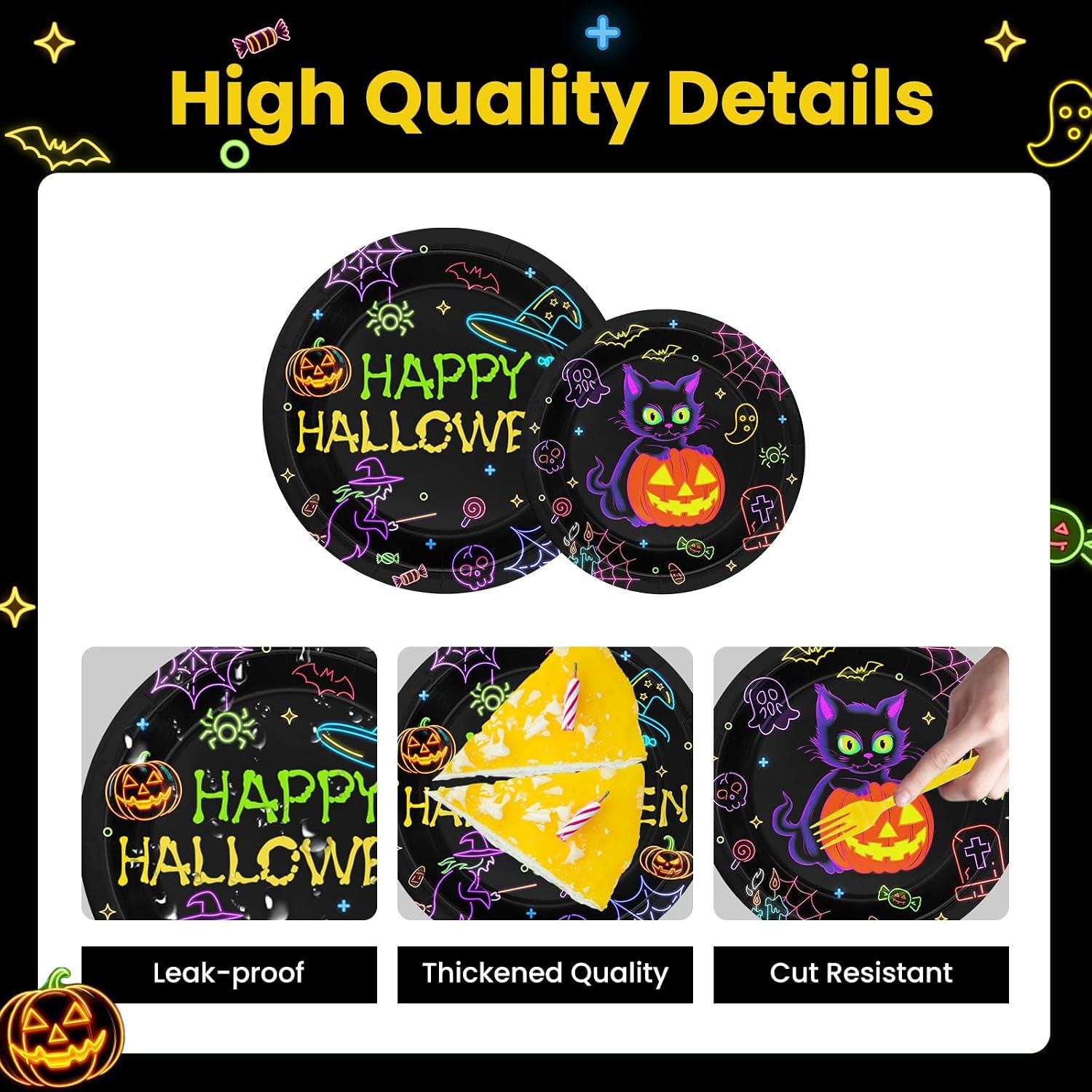 Halloween Party Set: Neon Plates, 24 Napkins, Forks, Banner