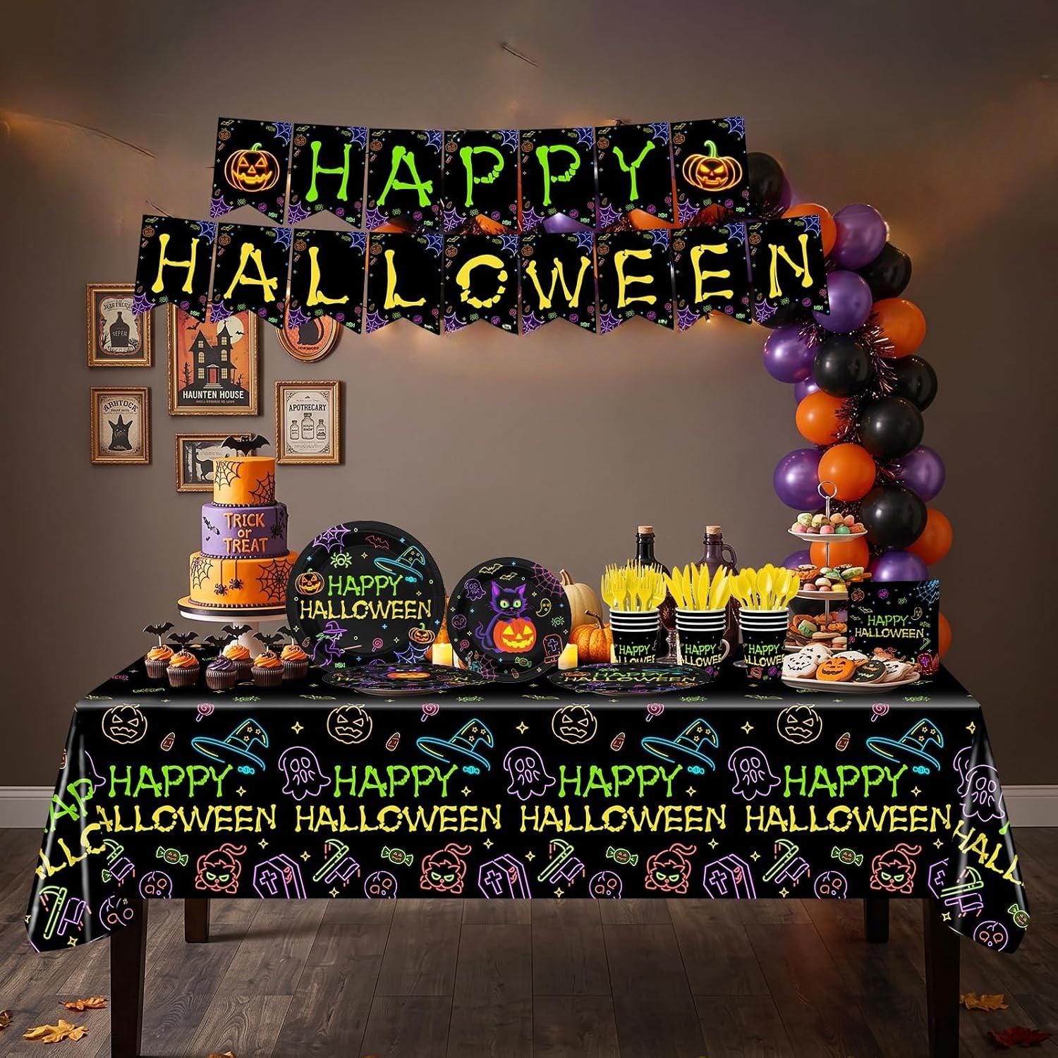 Halloween Party Set: Neon Plates, 24 Napkins, Forks, Banner