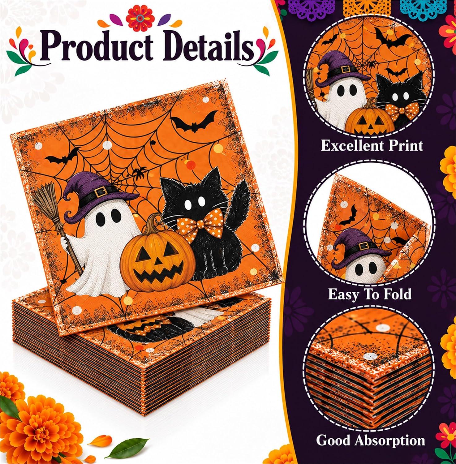 82-Piece Halloween Party Set: 20 Plates, Napkins, Forks, Banners (Orange Black Cream)