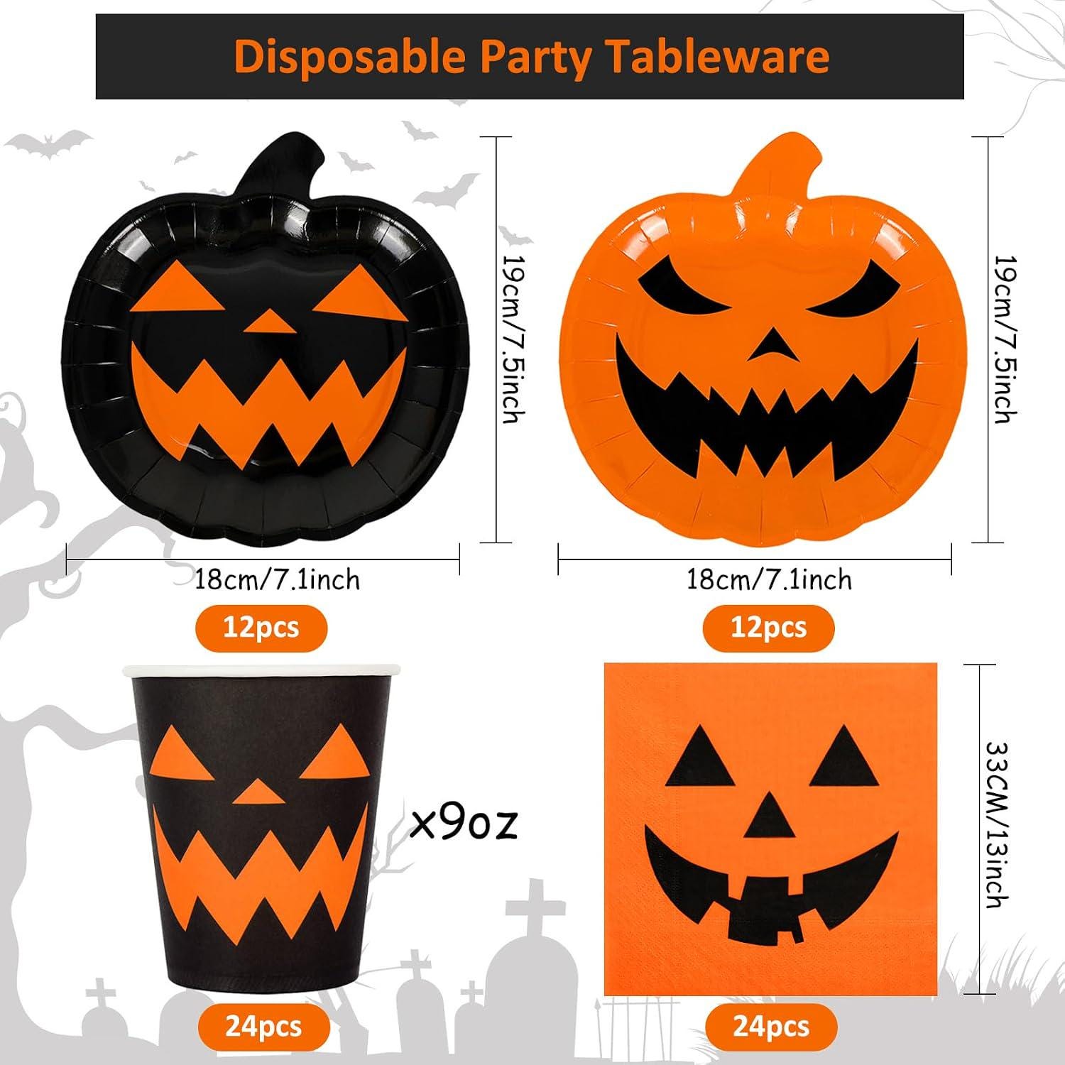 Halloween Party Tableware Set: 24 Paper Plates, Napkins, Cups (9oz)