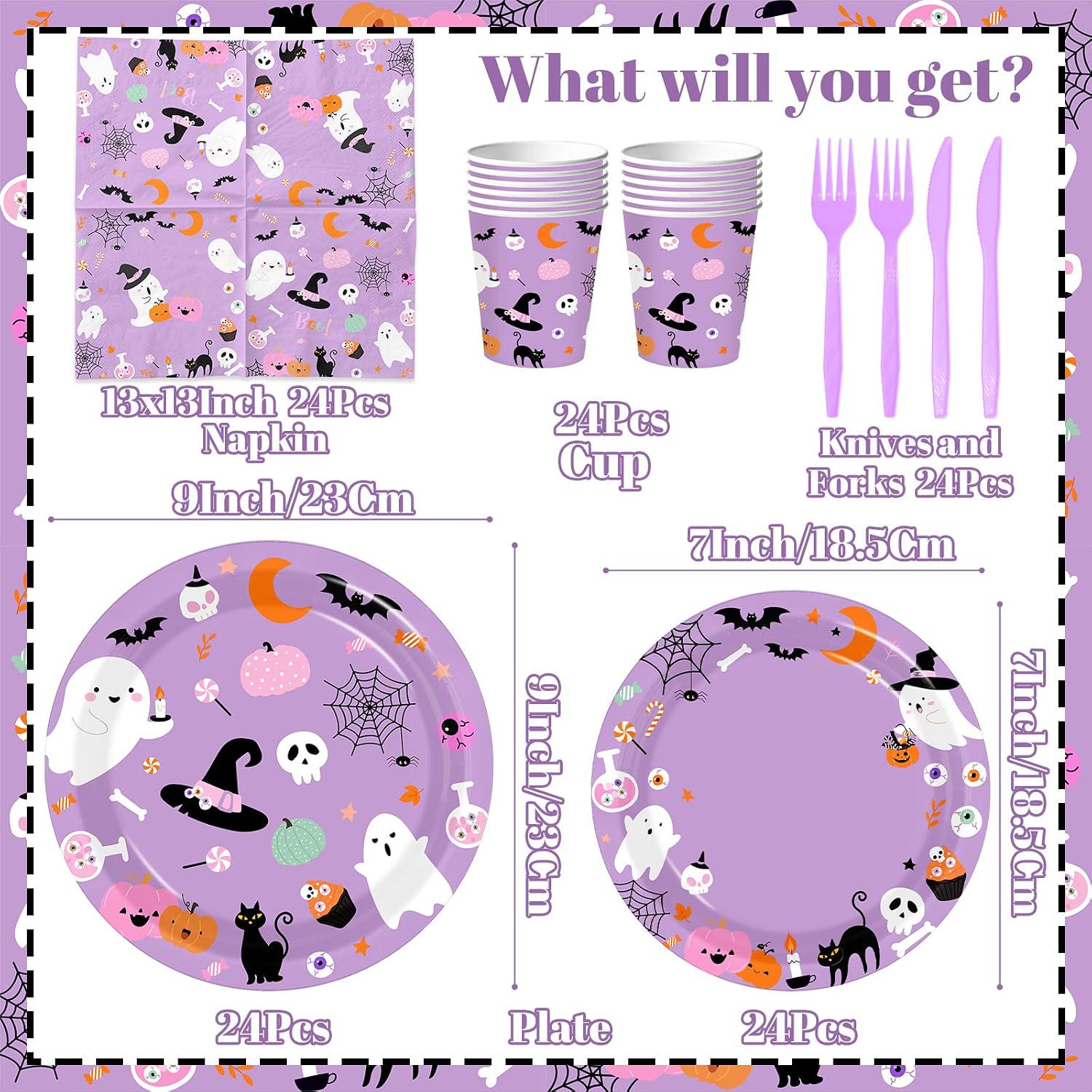 Purple Halloween Party Set, 9-Inch BOO Plates, 7-Inch Plates, 24 Guests