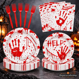 100-Piece Halloween Partyware Set: Bloody Handprint Plates, Red Plastic Forks, 9-Inch Dinner Plates
