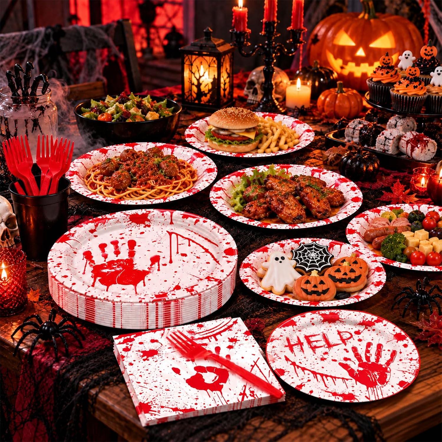 100-Piece Halloween Partyware Set: Bloody Handprint Plates, Red Plastic Forks, 9-Inch Dinner Plates