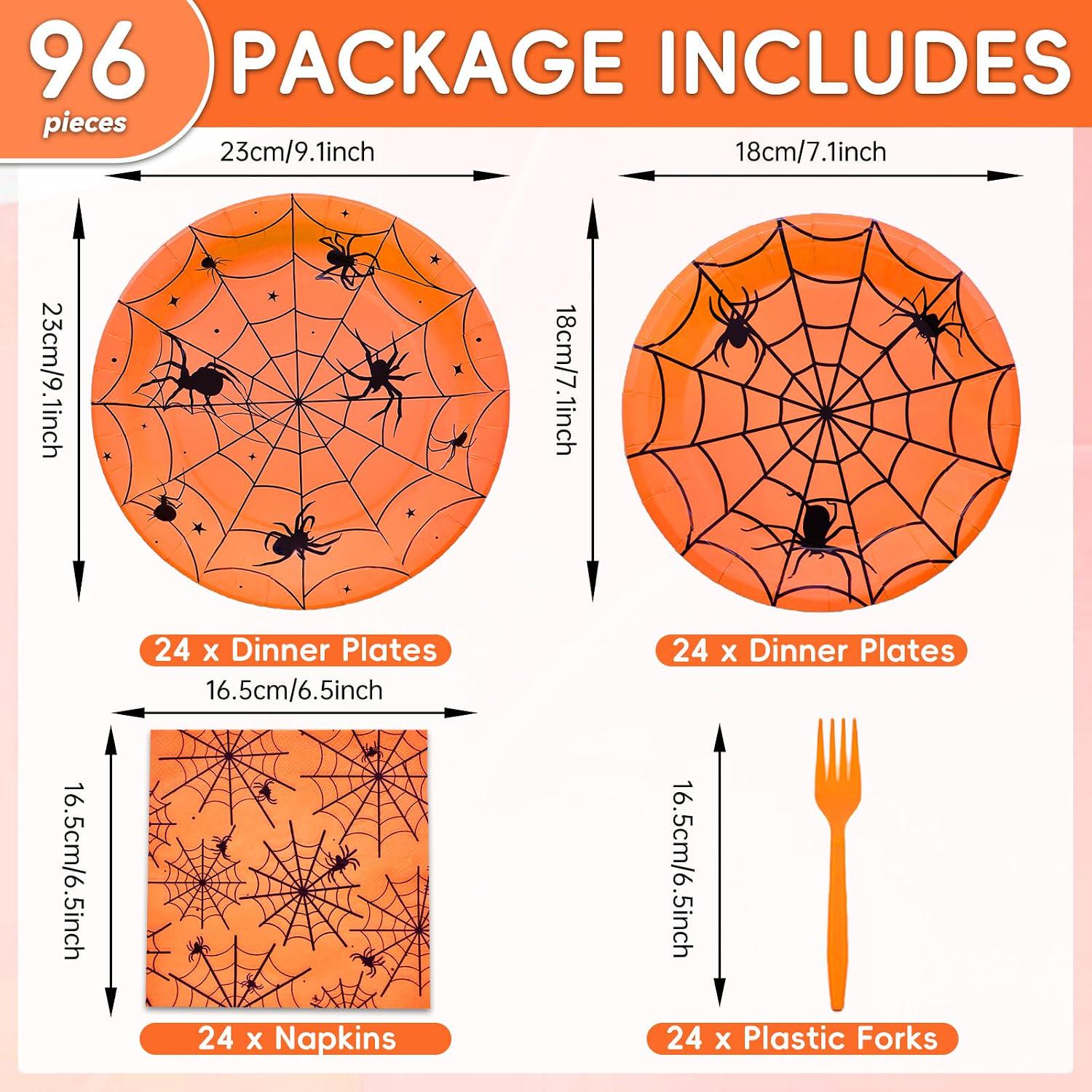 Disposable Halloween Party Set: 24 Guests, Orange Spider Web Plates, Napkins, Forks