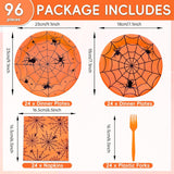 Disposable Halloween Party Set: 24 Guests, Orange Spider Web Plates, Napkins, Forks