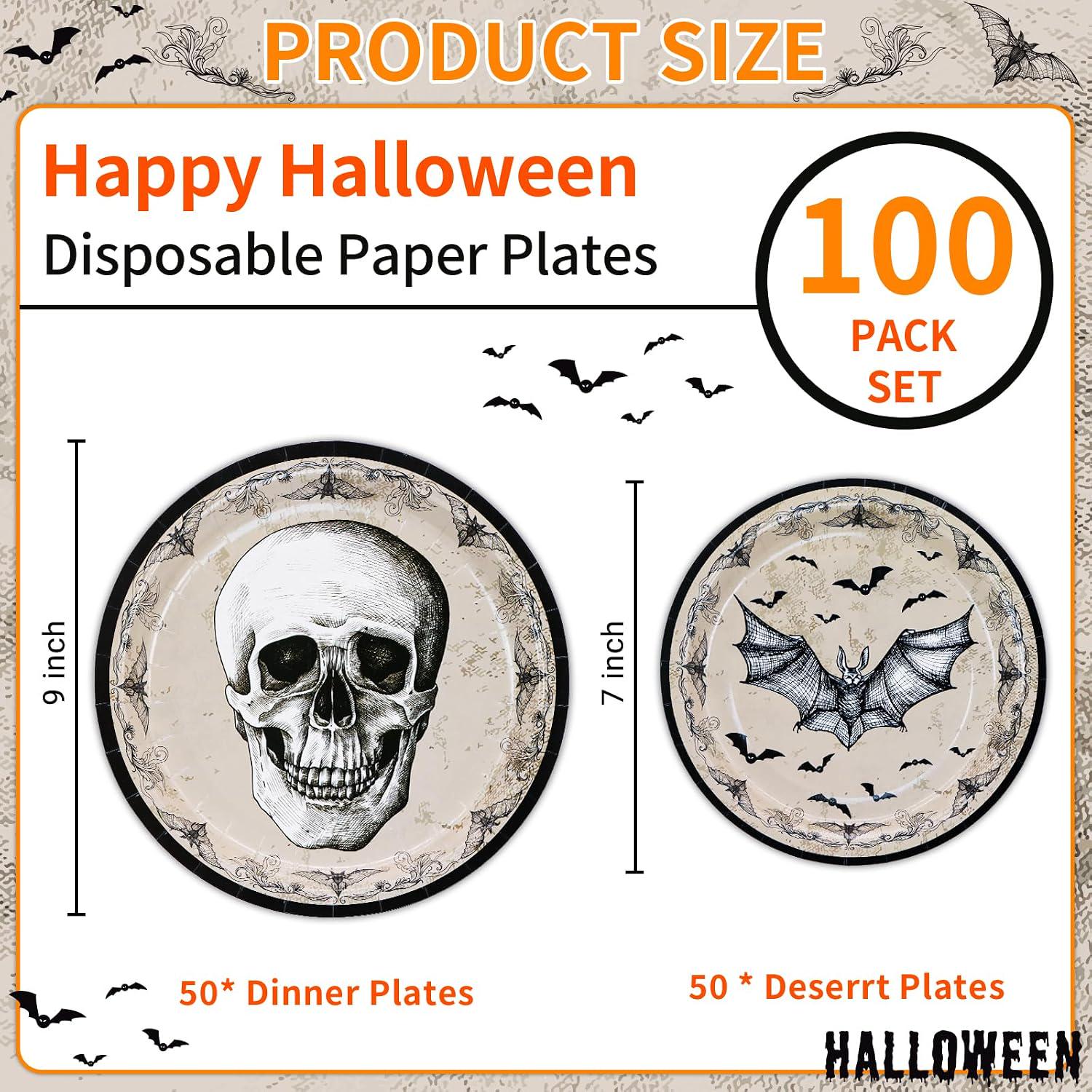 100-Piece Halloween Paper Plates: 50 Large 9-Inch Dinner, 50 Small 7-Inch Dessert