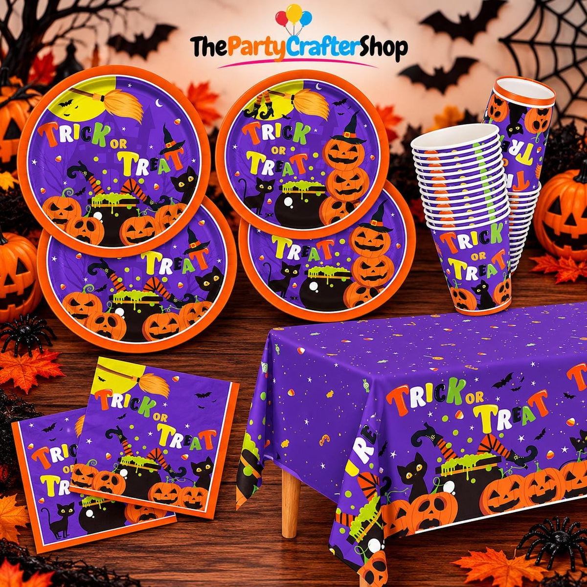 Halloween Party Supplies Set: 25 Plates, Cups, Napkins, Tablecloth (Purple Orange)