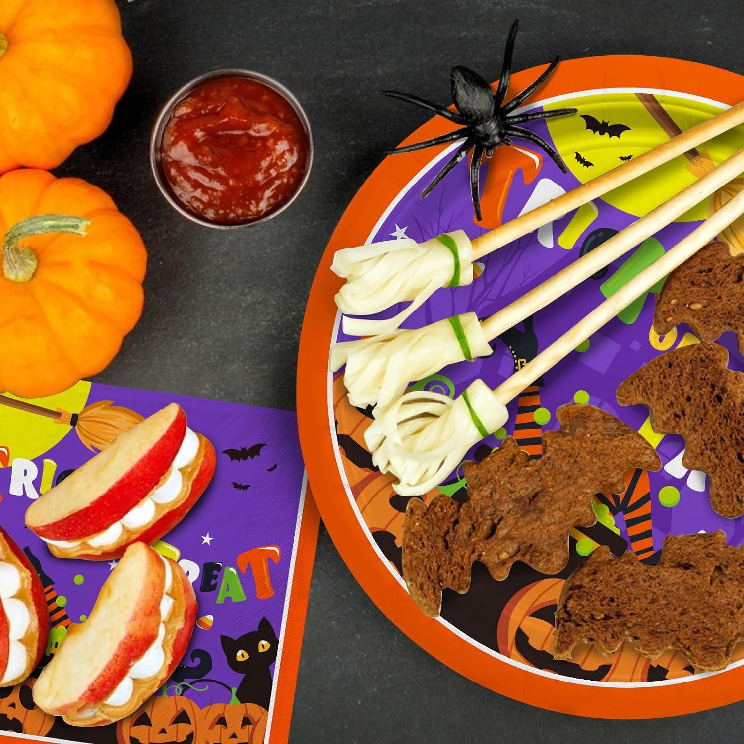 Halloween Party Supplies Set: 25 Plates, Cups, Napkins, Tablecloth (Purple Orange)