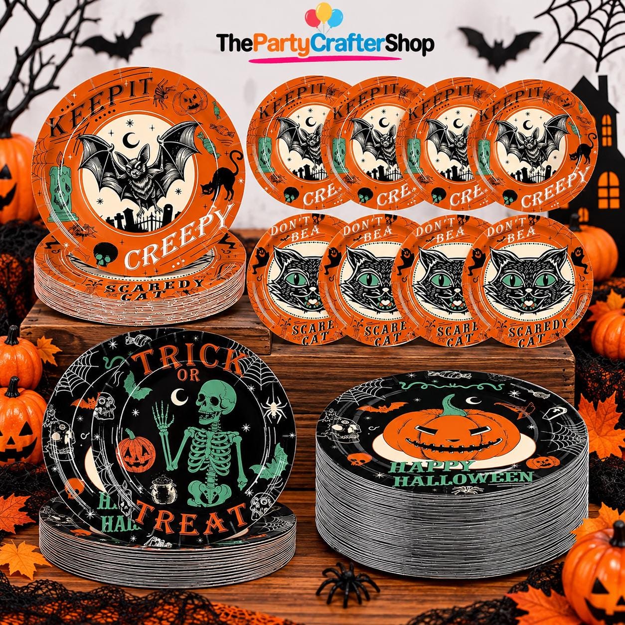 48 Piece Halloween Paper Plate Set, 9 Inch and 7 Inch, 4 Designs