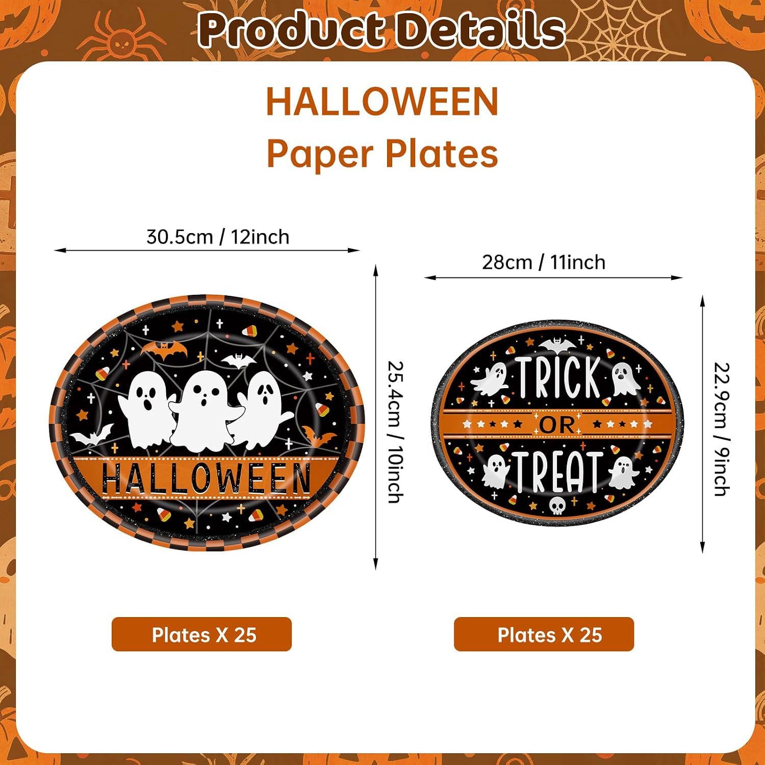 Trick or Treat Halloween Paper Plates, 50-Piece Coordinated Set for 25 Guests, Sturdy Paper