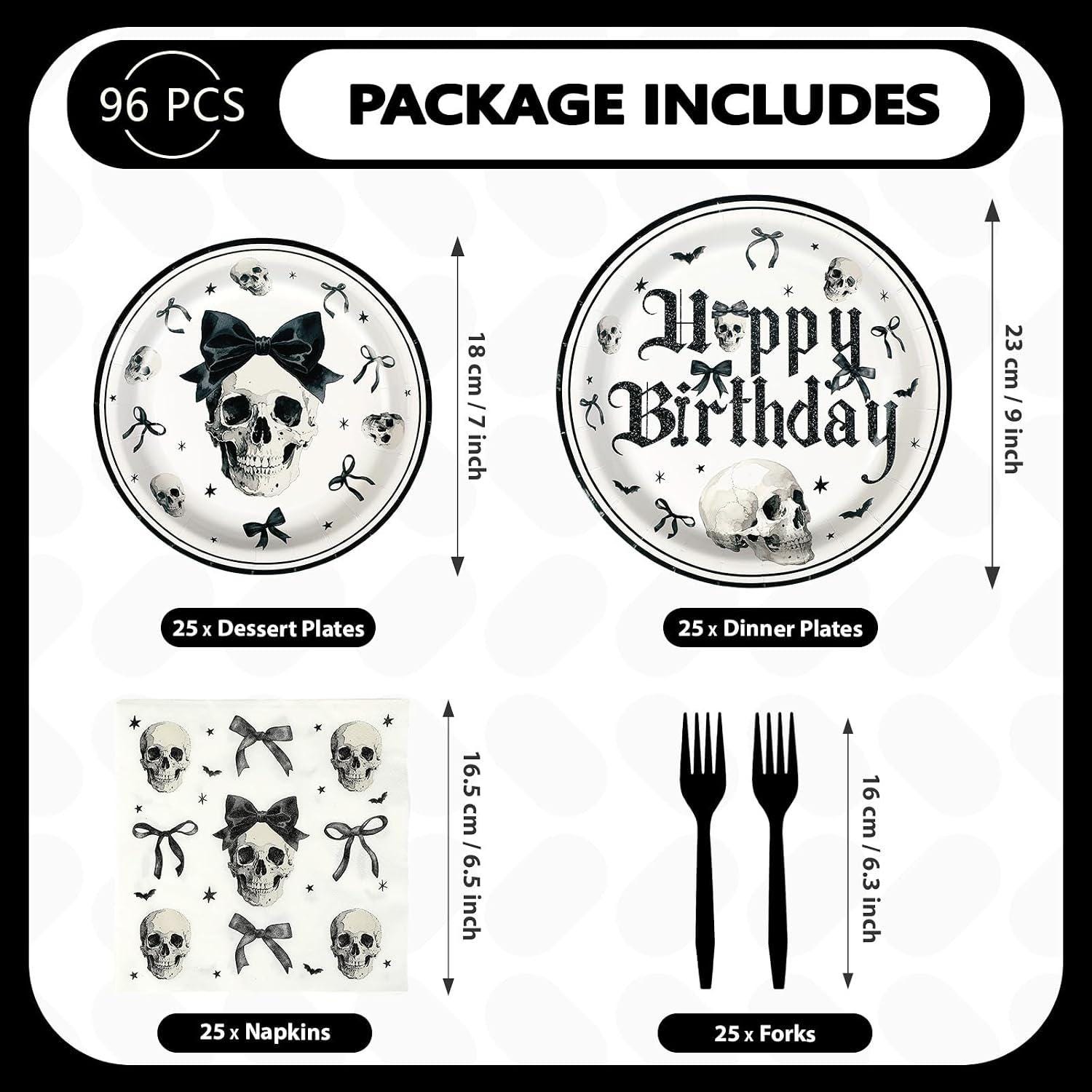 96-Piece Gothic Birthday Party Set: 9-Inch Plates, Skull Bow Napkins, Black Forks