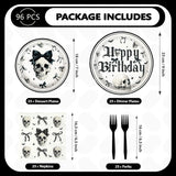 96-Piece Gothic Birthday Party Set: 9-Inch Plates, Skull Bow Napkins, Black Forks