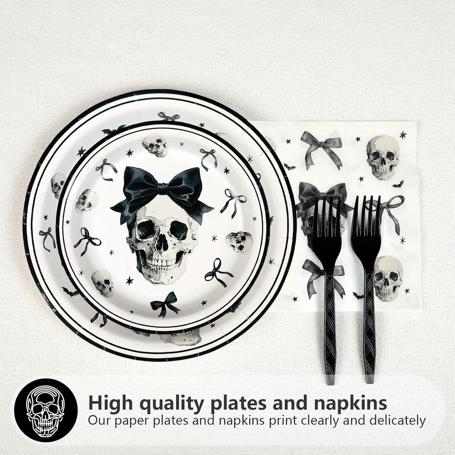96-Piece Gothic Birthday Party Set: 9-Inch Plates, Skull Bow Napkins, Black Forks