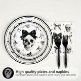 96-Piece Gothic Birthday Party Set: 9-Inch Plates, Skull Bow Napkins, Black Forks