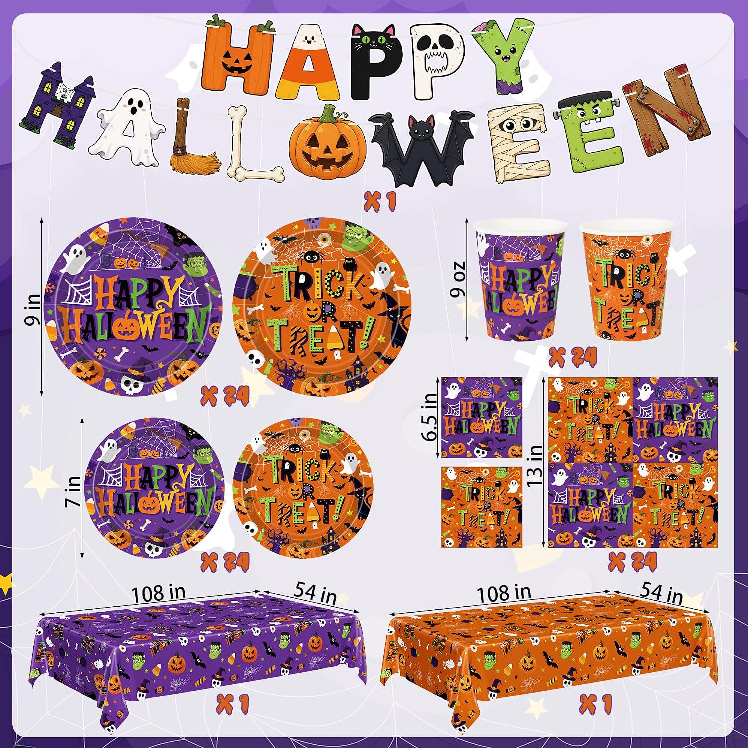 99-Piece Halloween Party Supplies Set, Orange Purple Tableware for 24 Guests