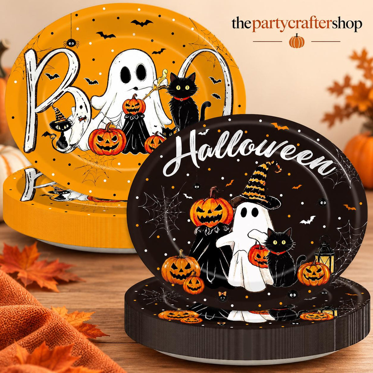 50-Piece Halloween Paper Plates, Oval Set with Ghosts, Black Cats, Pumpkins
