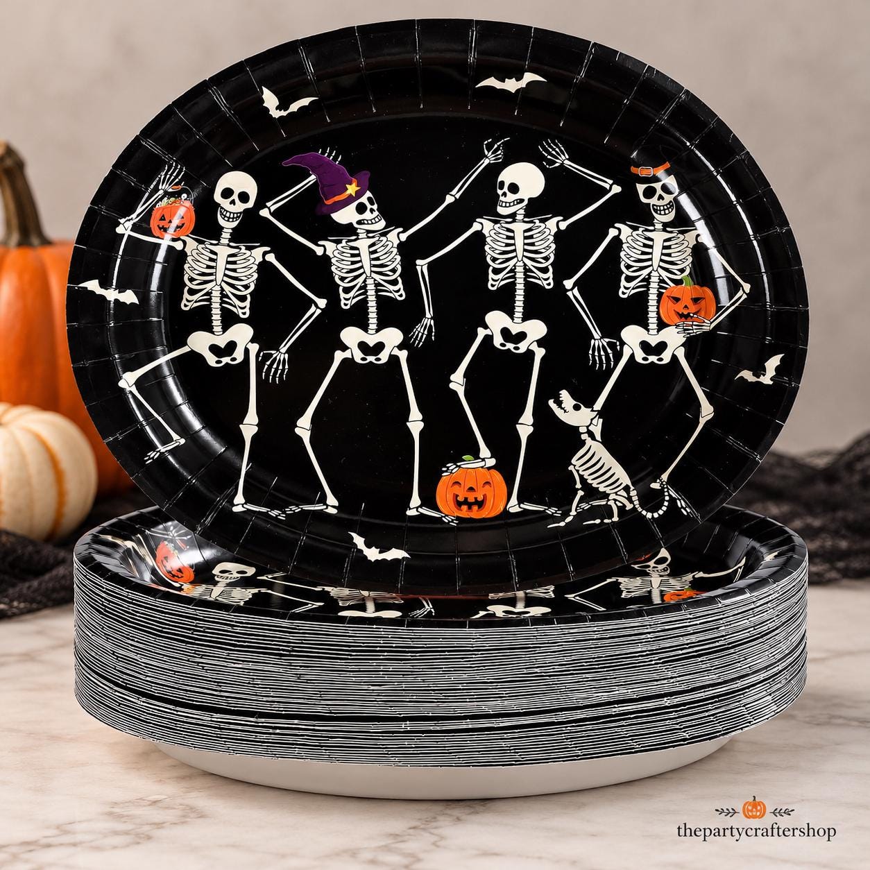 50-Piece Halloween Paper Plates, Large Oval 10x12 Inches, Dancing Skeletons Gothic Design